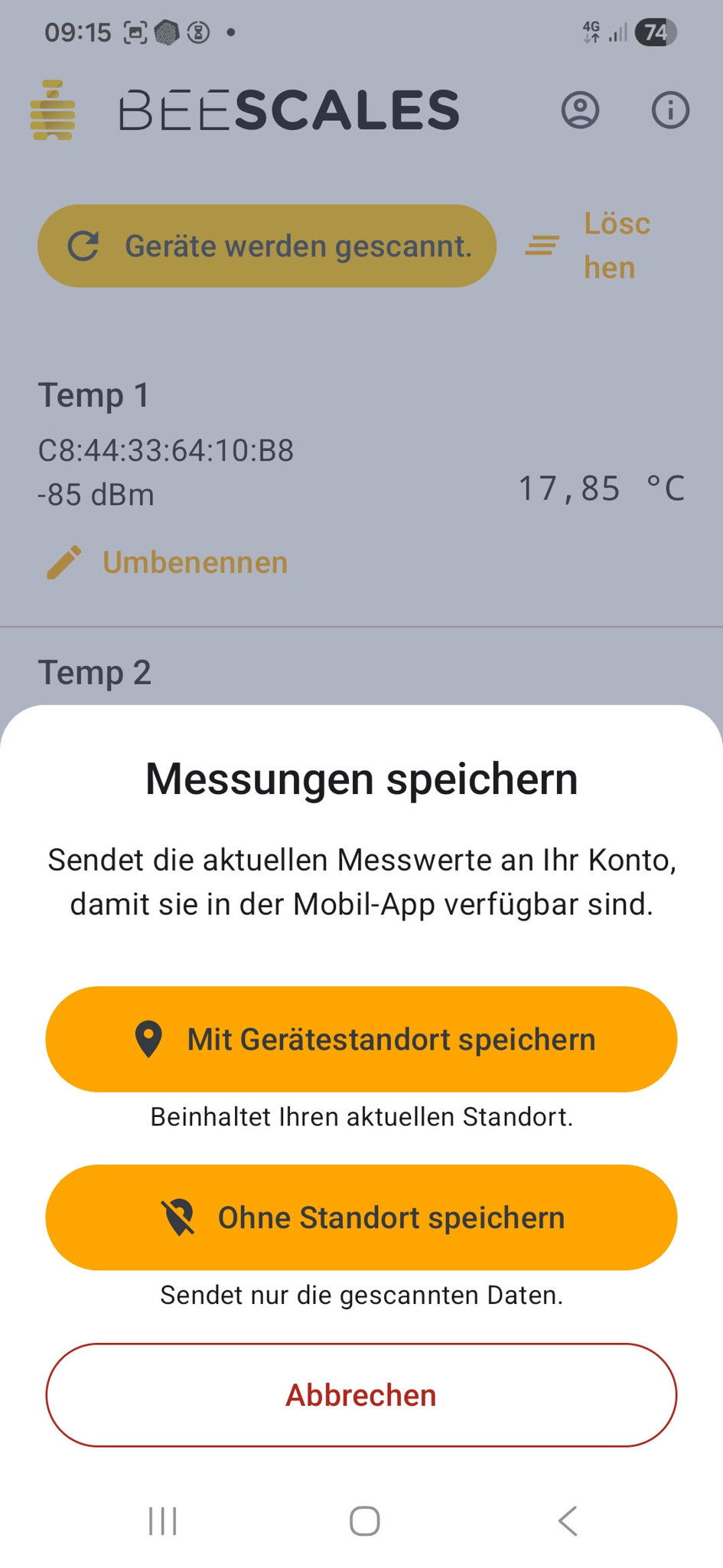 BeeScales Diagnostics – dialog zapisu pomiarów